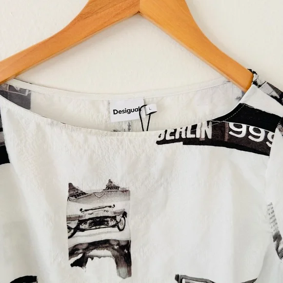 NWOT Desigual Textured Tie Sleeve White & Black Graphic Top - Picture 4 of 6